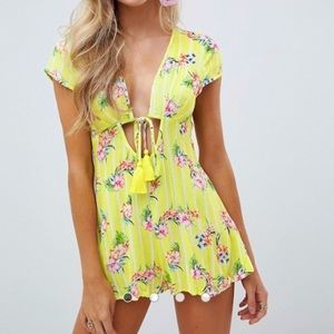 Tie Front Tassel Beach Romper In Stripe Tropical
